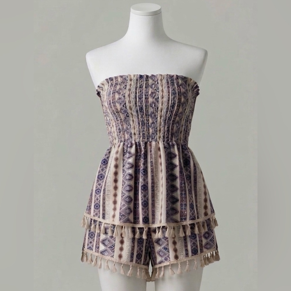 SHEIN Beige and Purple Strapless Tassel Romper